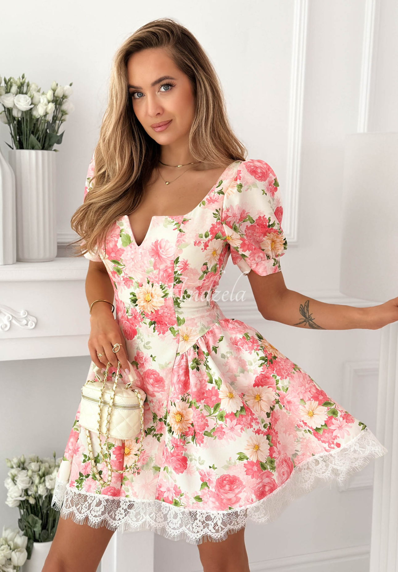 Clementine Pink Floral Dress with Puff Sleeves and Lace