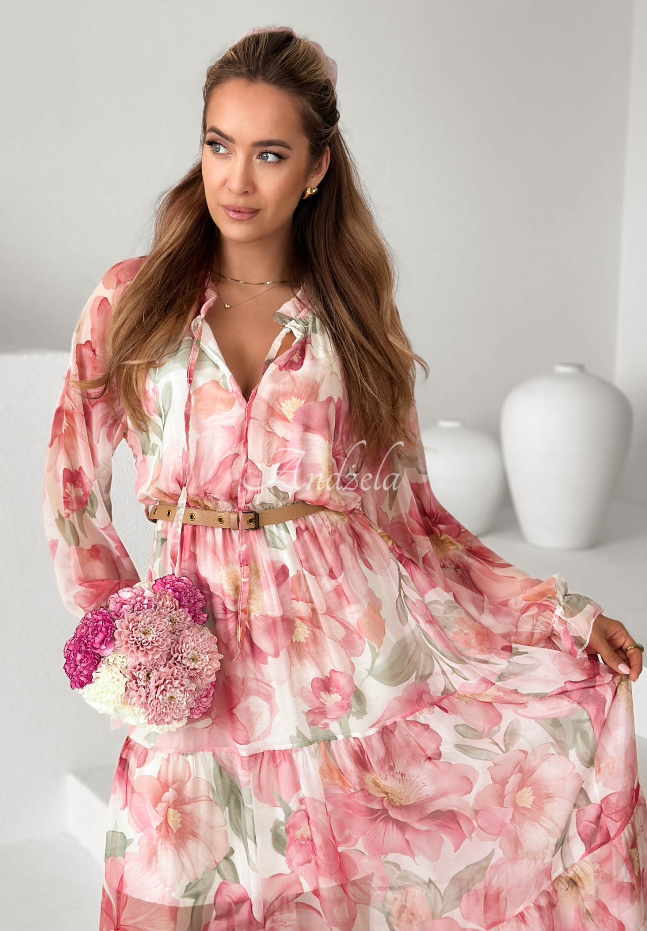 Pretty Orchid Pink Floral Maxi Dress with Ruffles and a Belt
