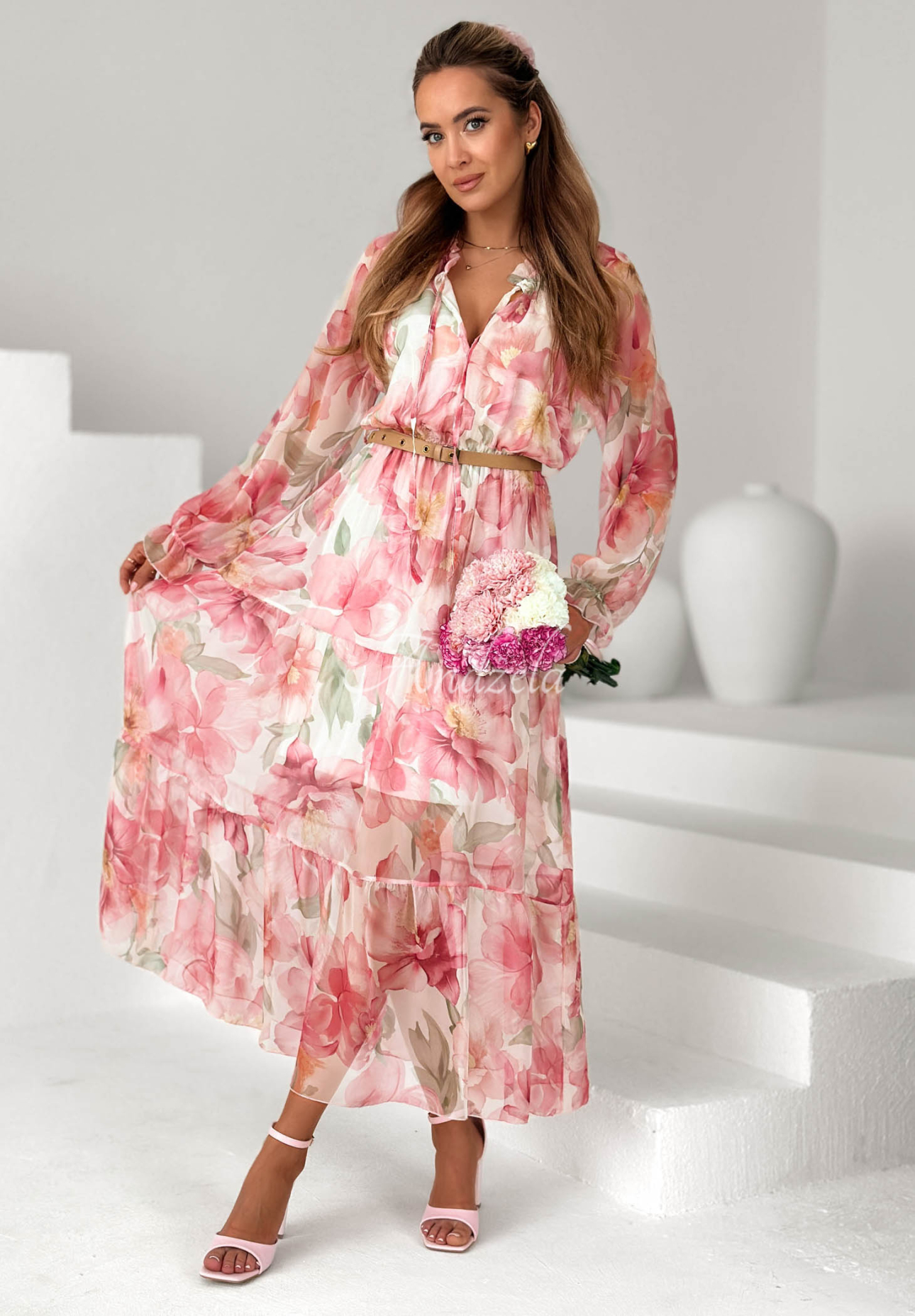 Pretty Orchid Pink Floral Maxi Dress with Ruffles and a Belt