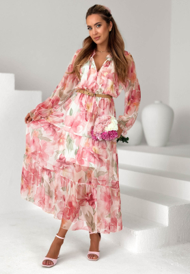 Kwiecista sukienka maxi z falbankami i paskiem Pretty Orchid różowa