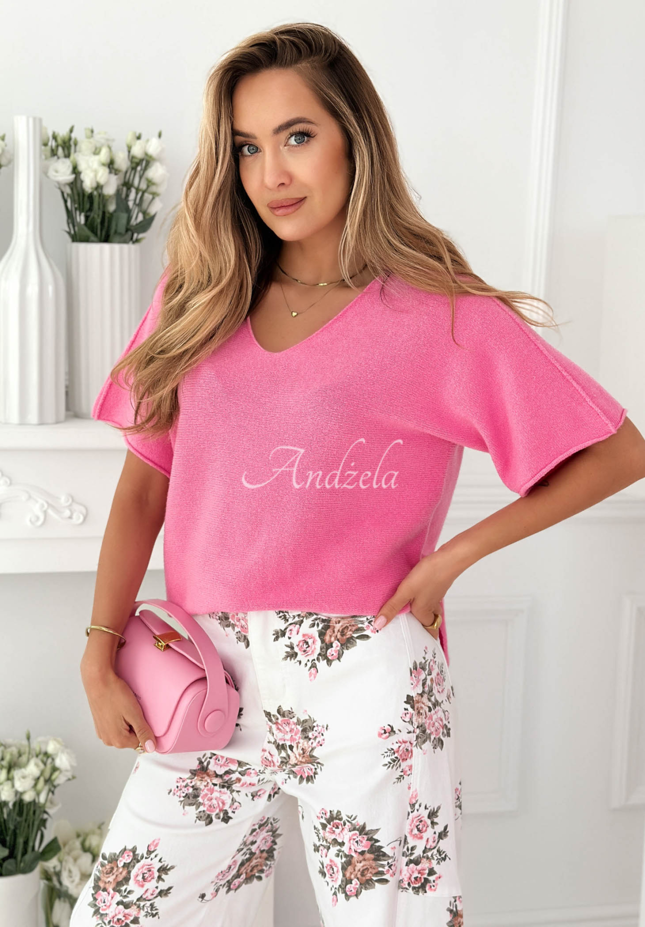 Wiskozowy sweter z dekoltem Summer Daydream różowy