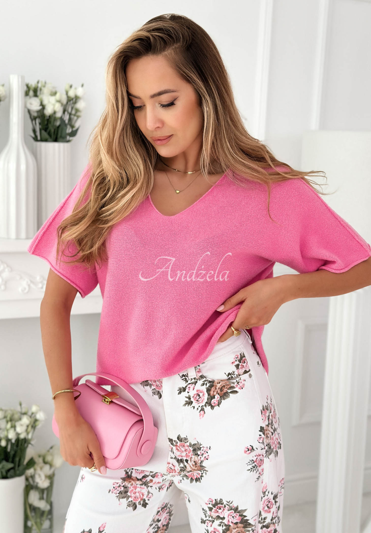 Summer Daydream Pink Viscose Sweater with a V-neck
