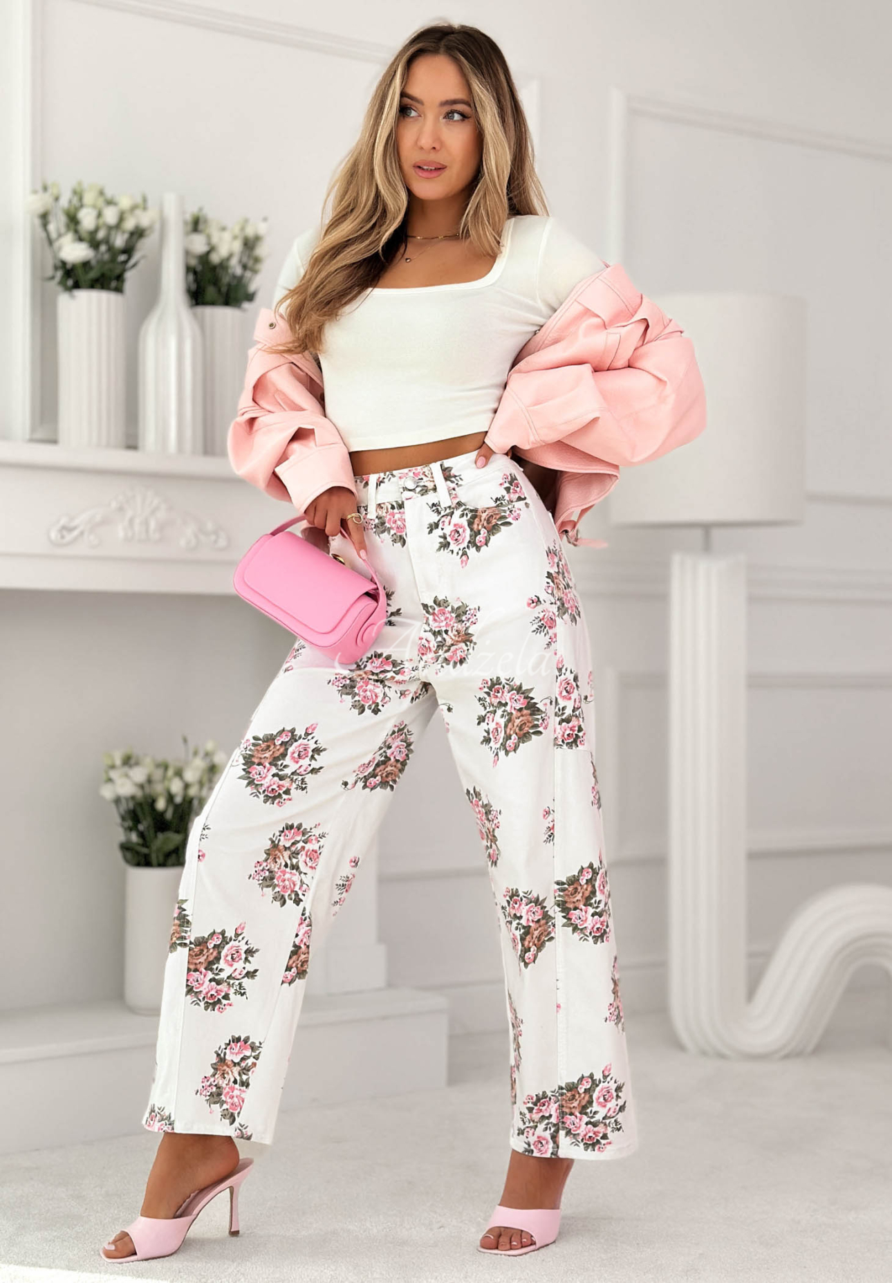 Spodnie jeansowe balloon w kwiaty Floral Denim białe