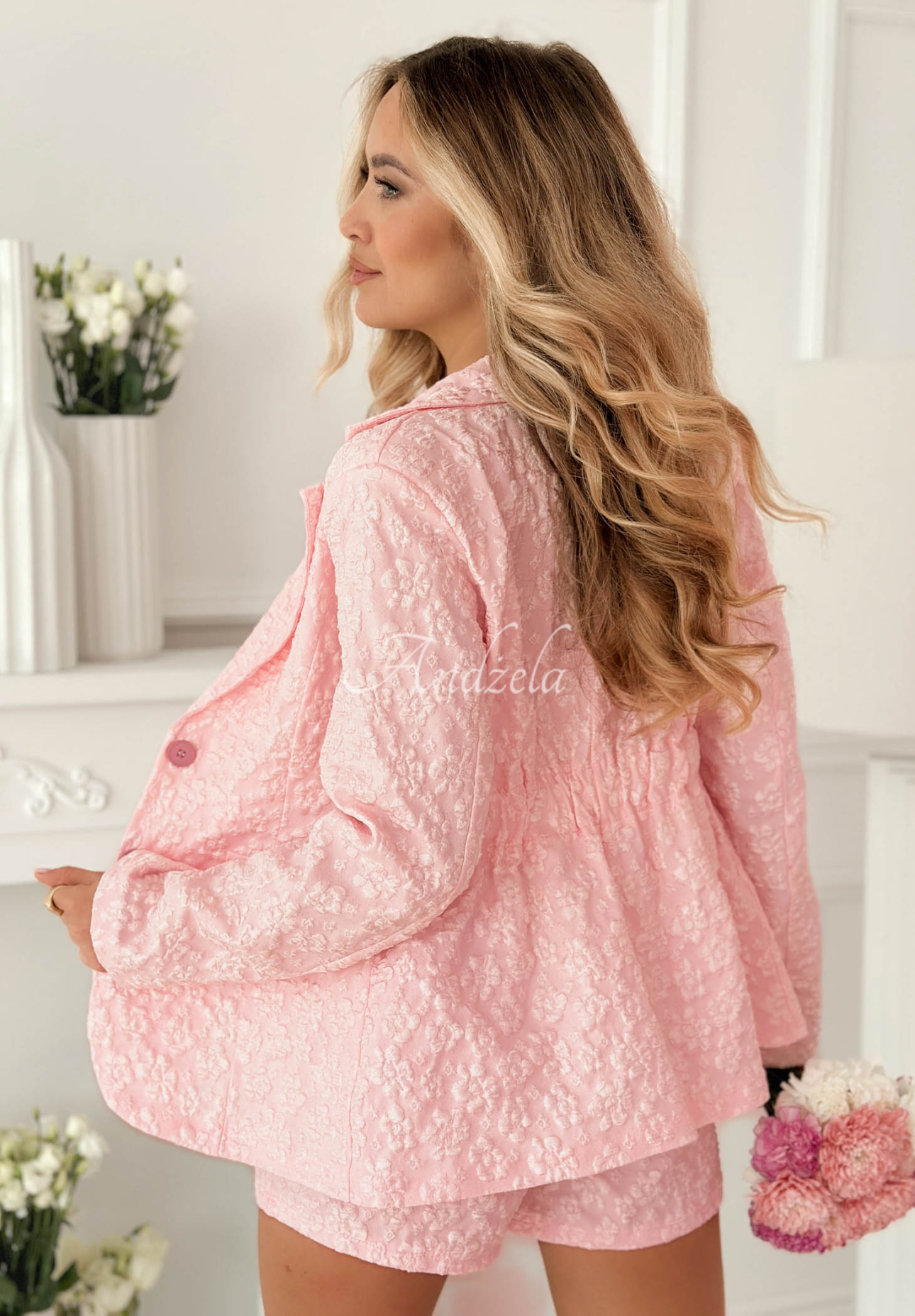 Susan's textured blazer and shorts set in powder pink