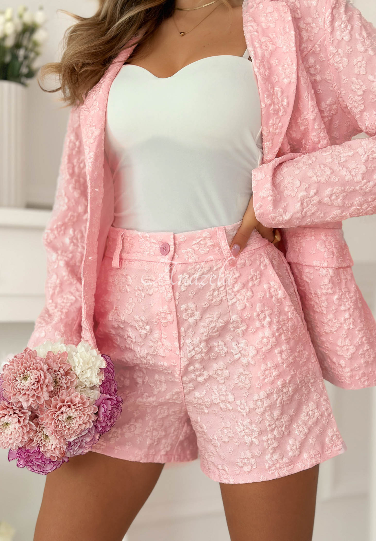 Susan's textured blazer and shorts set in powder pink