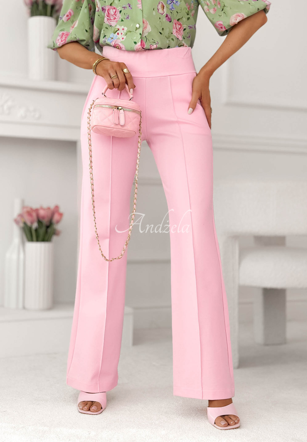 Can't Ignore Me powder pink fabric bell-bottom pants 