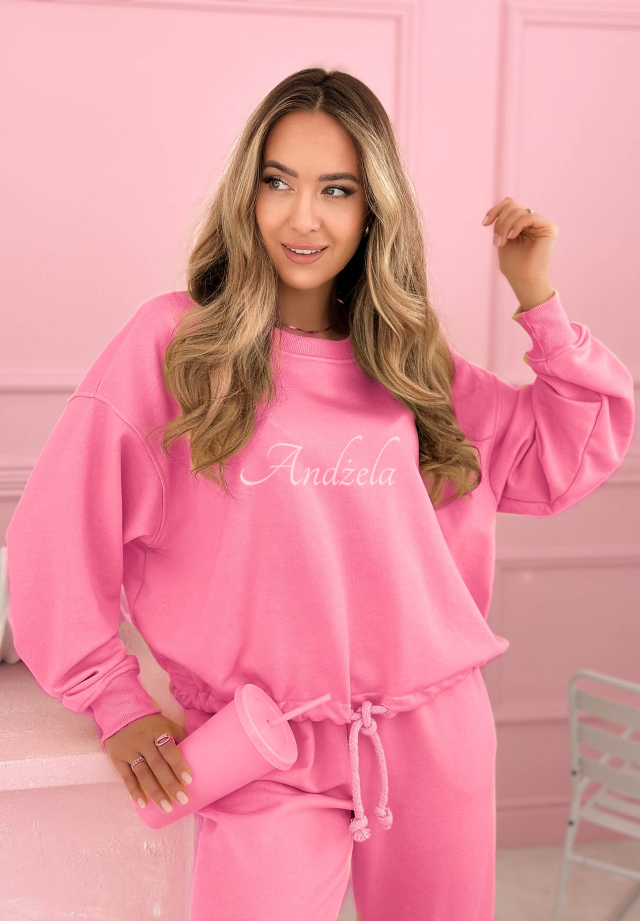 Denise Pink Cotton Sweatsuit Set (Sweatshirt and Pants)