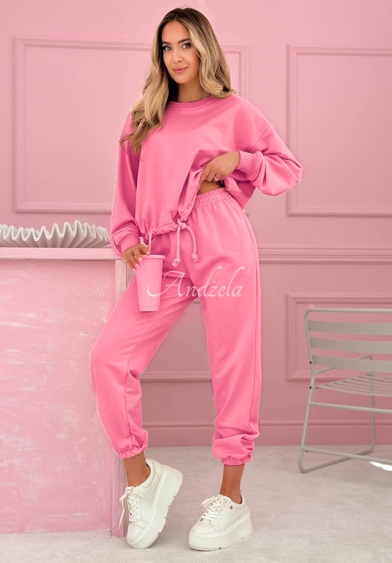 Denise Pink Cotton Sweatsuit Set (Sweatshirt and Pants)
