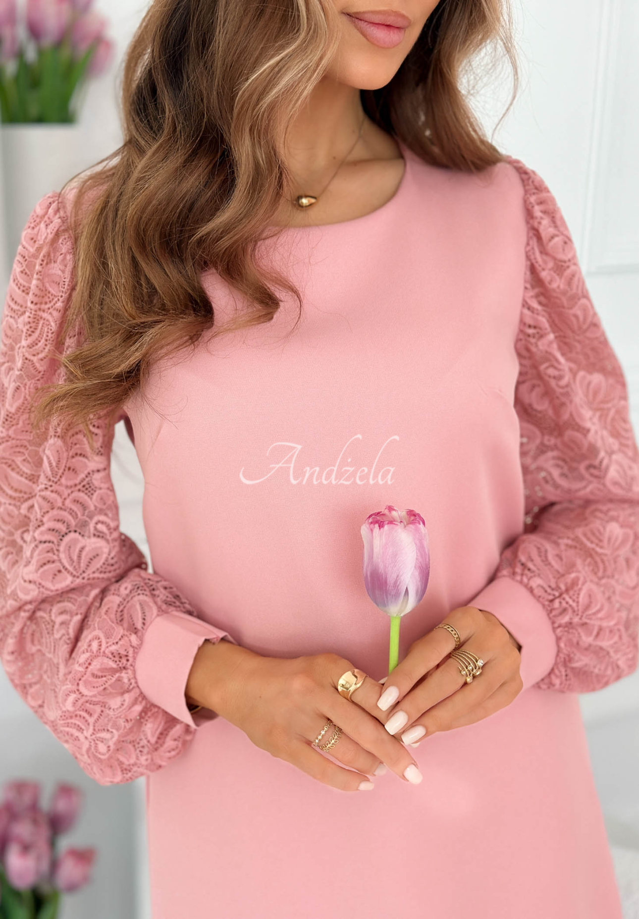 Daniela Dress with Lace Sleeves in Powder Pink