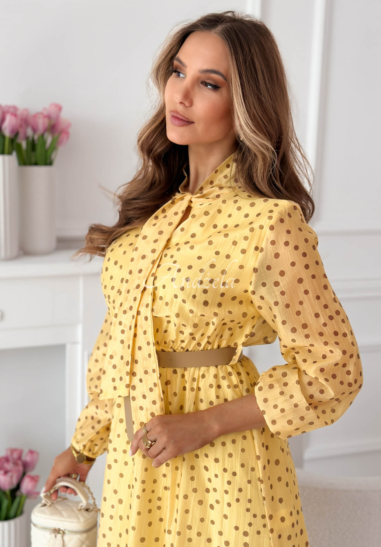 Tatiana Yellow Polka Dot Tencel Midi Dress