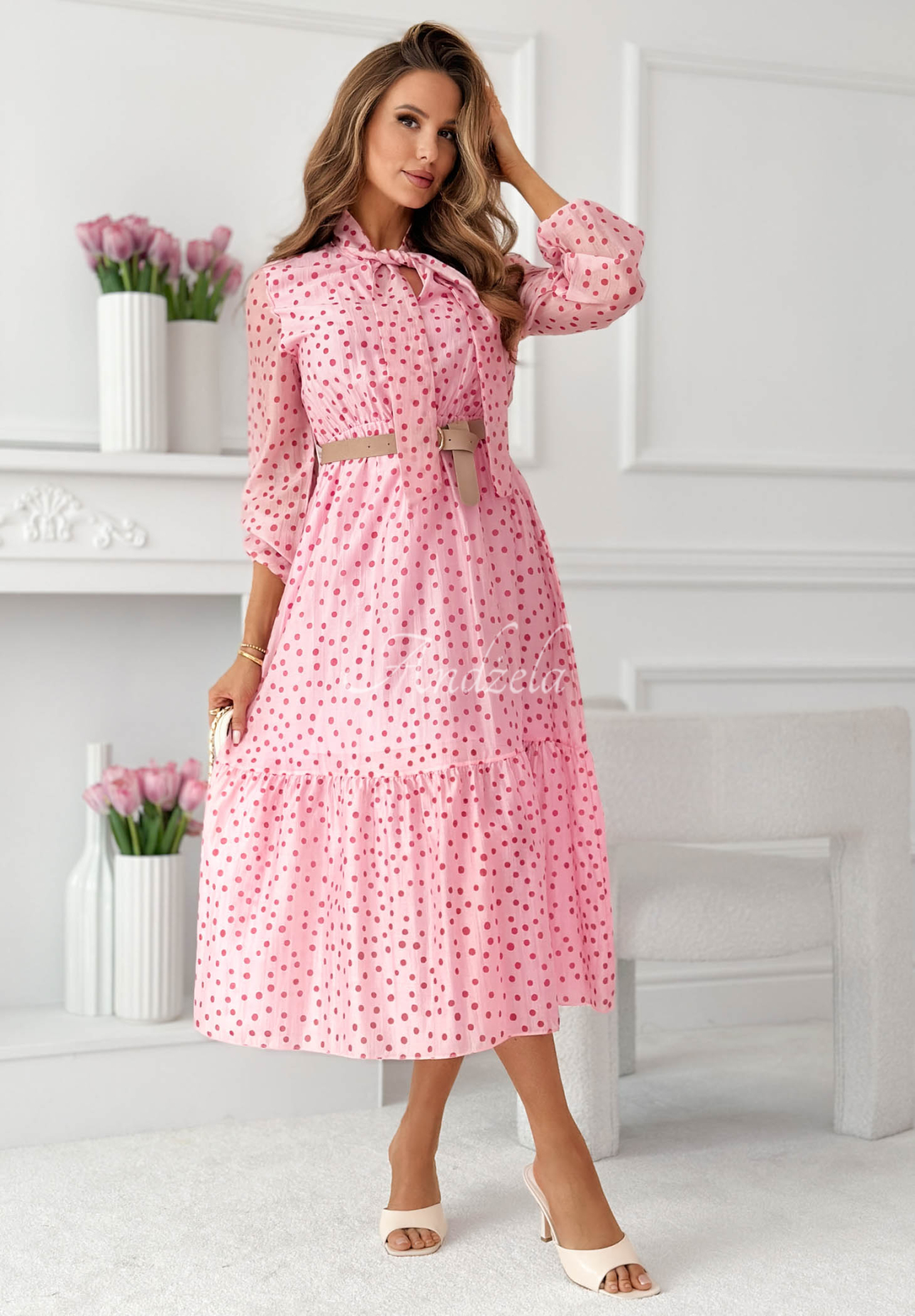 Tatiana Pink Polka Dot Tencel Midi Dress