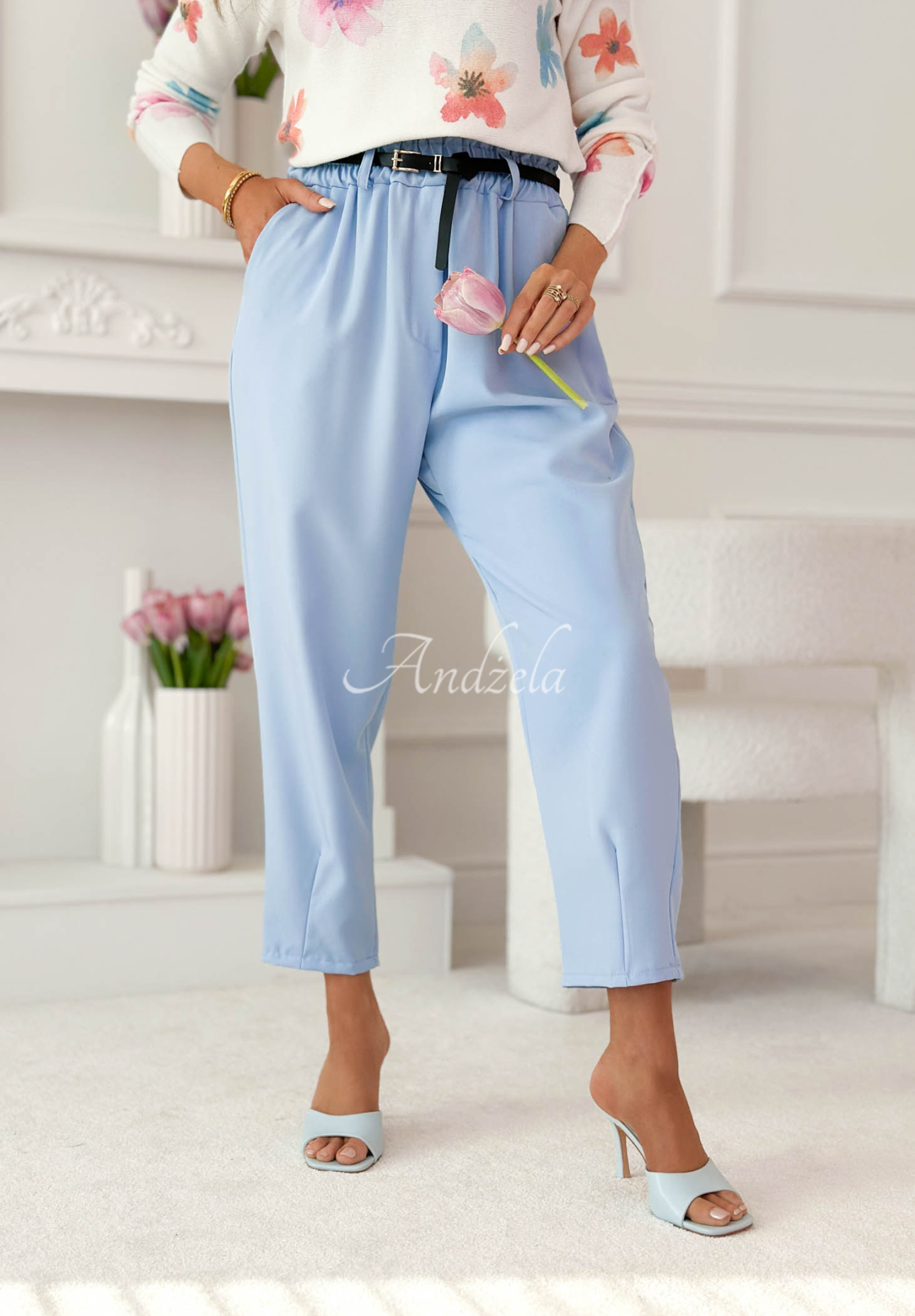 Liora light blue cotton pants with a belt and elastic waistband