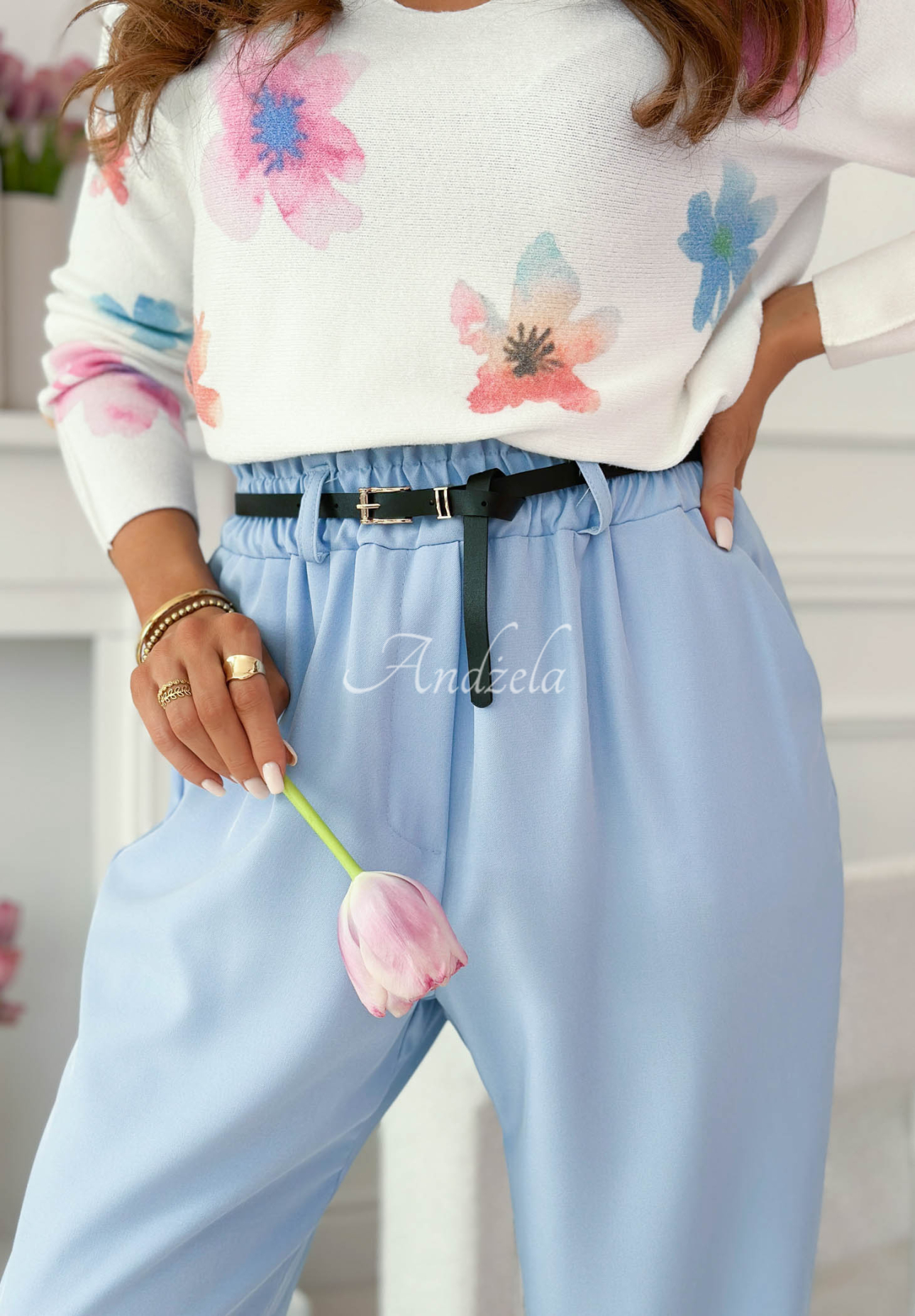 Liora light blue cotton pants with a belt and elastic waistband