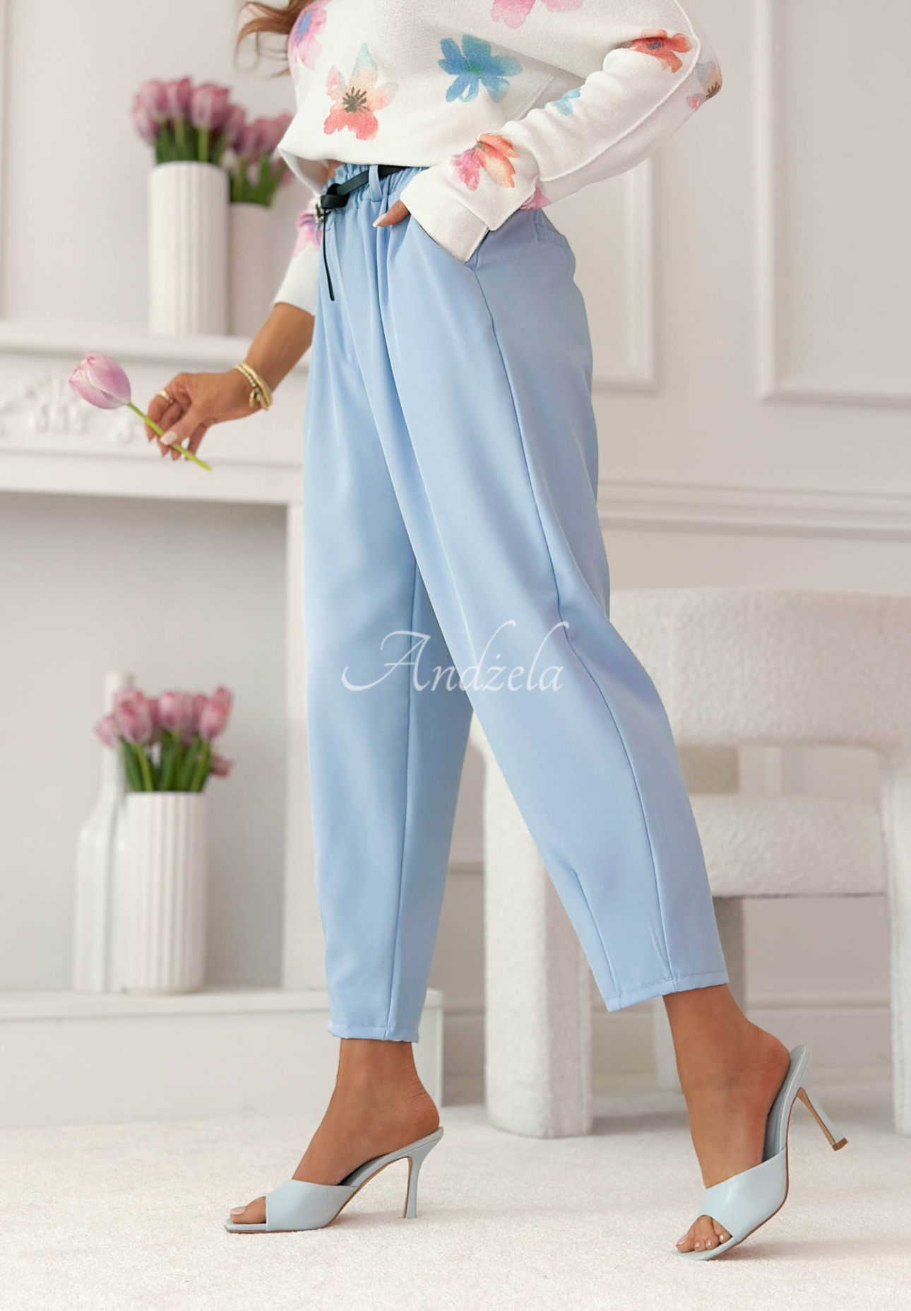 Liora light blue cotton pants with a belt and elastic waistband