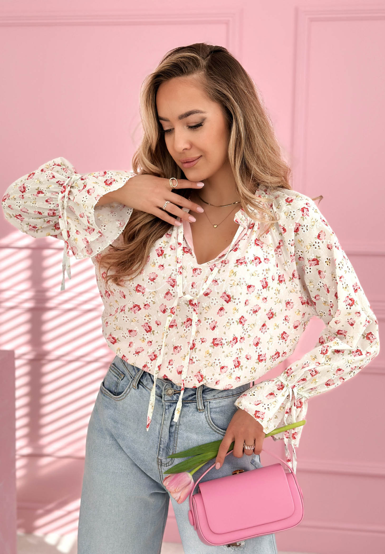 Nellie White Floral Cotton Blouse with Tie Detail