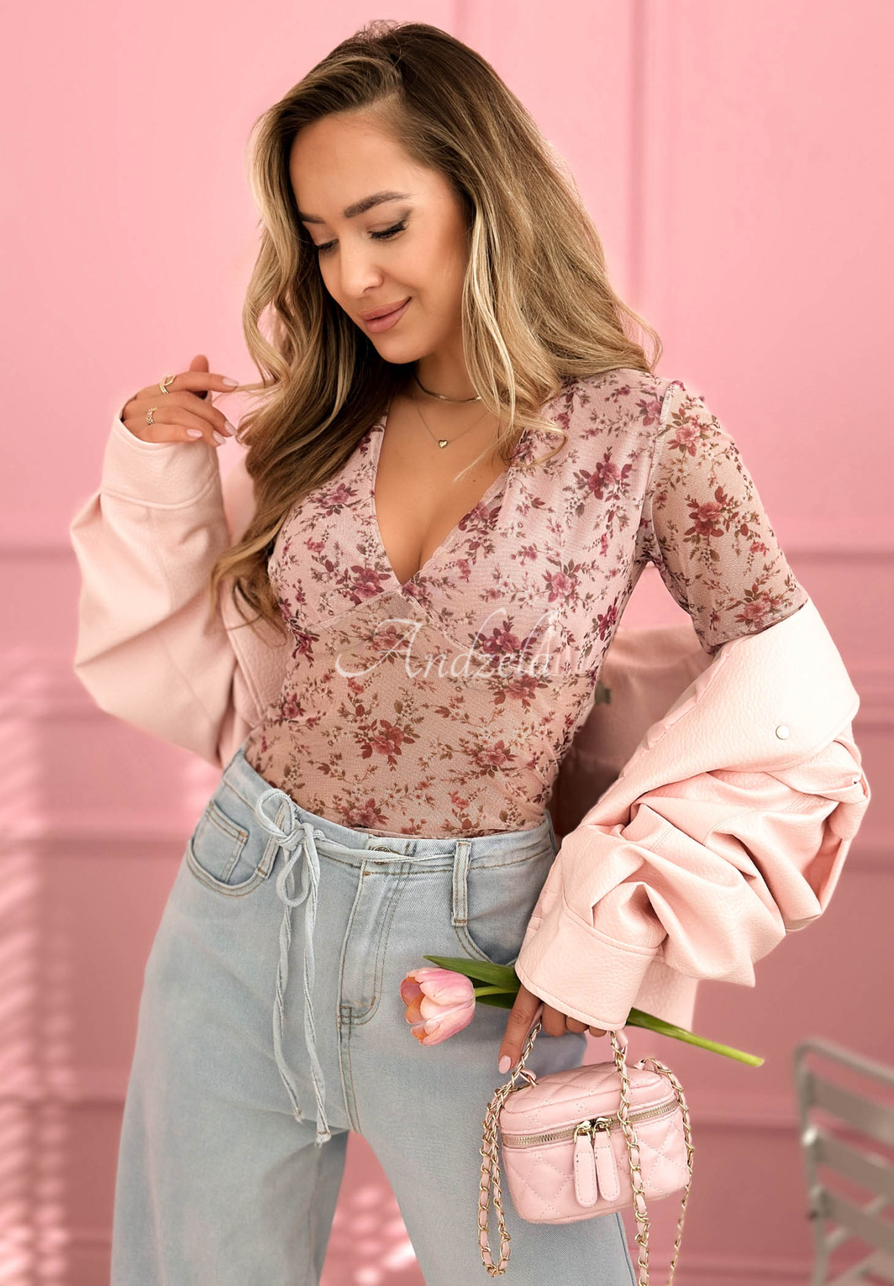 Miravelle Pink Floral Mesh Blouse