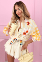 Satynowa koszula w paski i kwiaty Clover żółta