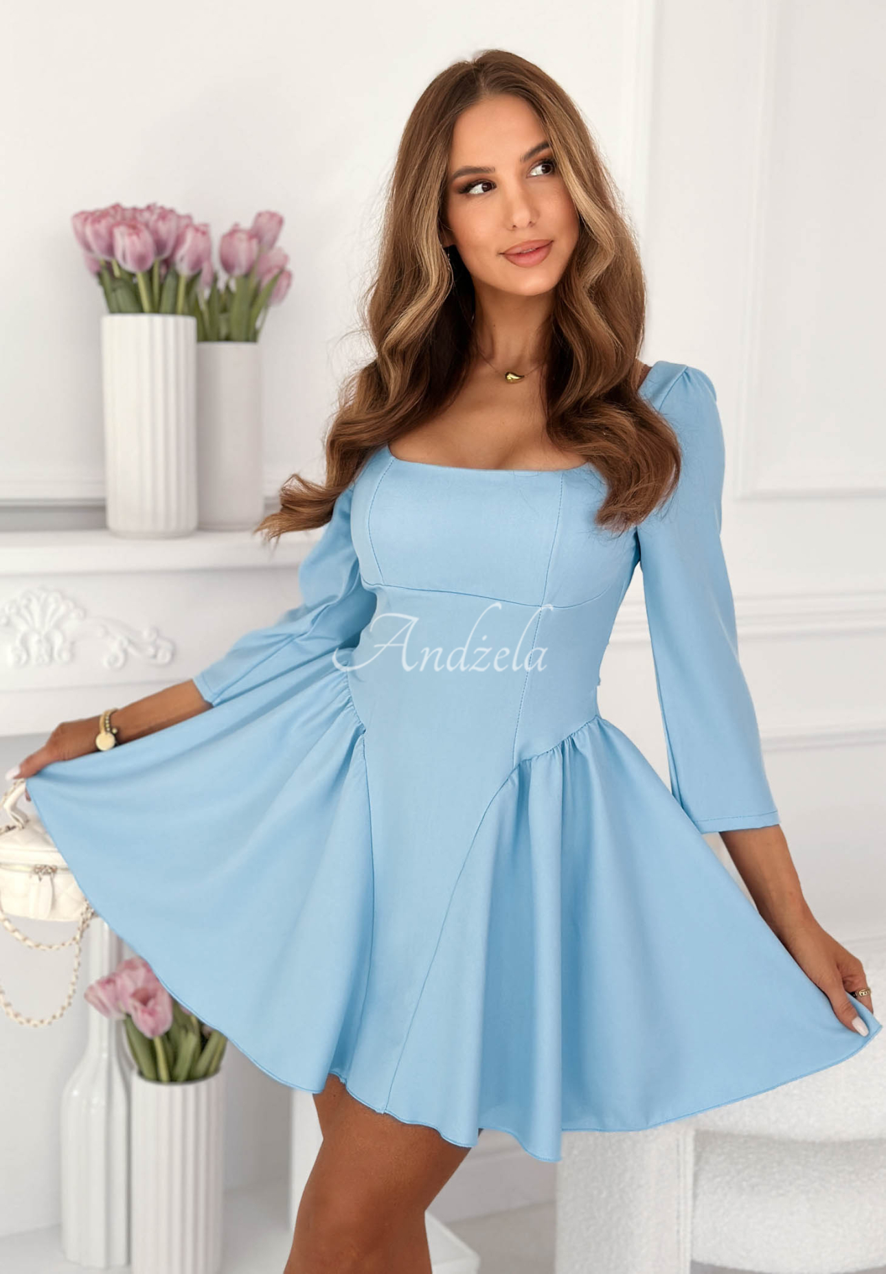Good Luck Baby Light Blue Flared Mini Dress with a Square Neckline