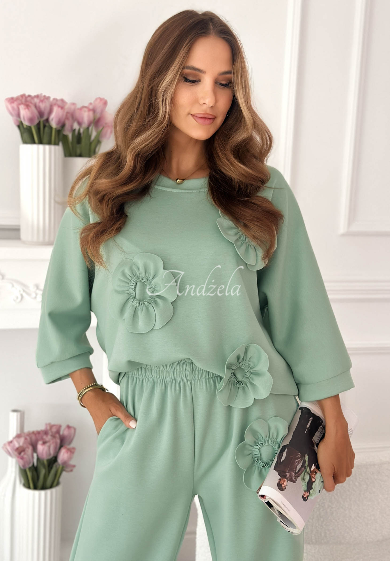 Komplet dresowy masełko z kwiatami i wiskozą Floralia pistacjowy