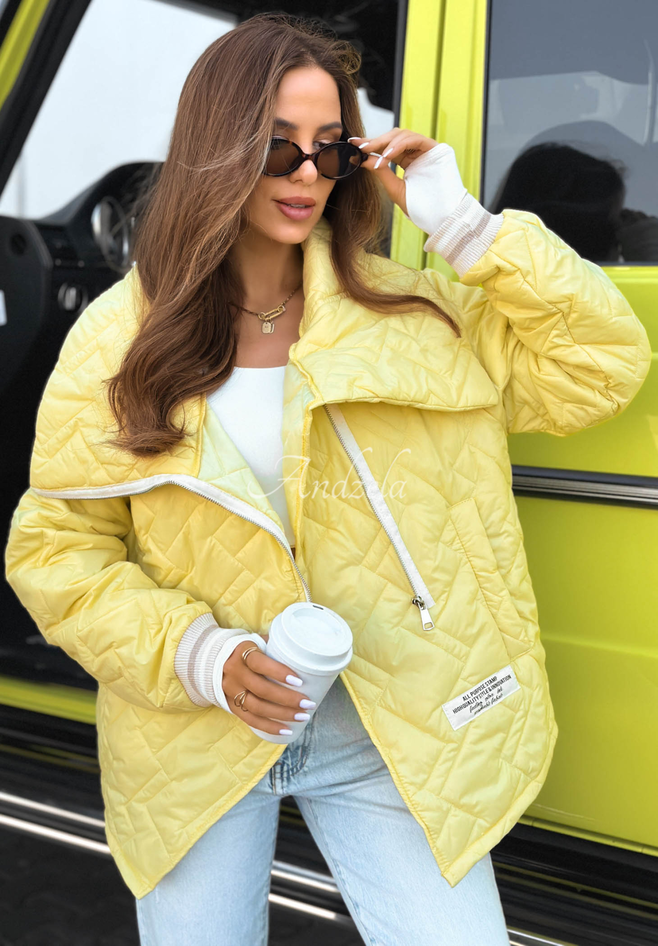 Pikowana kurtka z kołnierzem Where Are We żółta