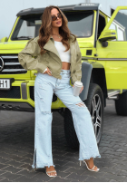 Krótka skórzana kurtka bomberka Glorianna pistacjowa