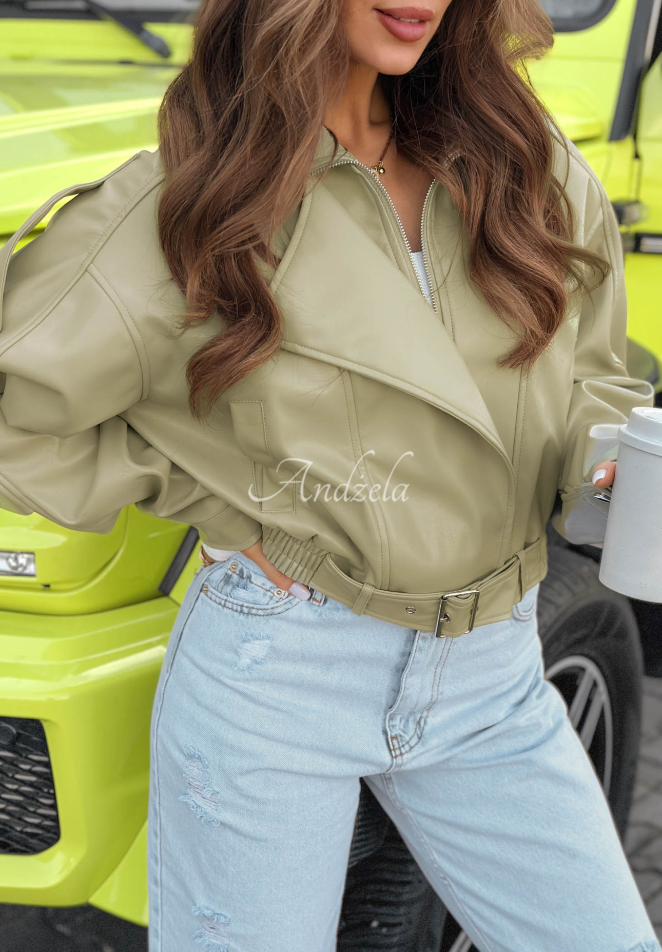 Glorianna Short Leather Bomber Jacket in Pistachio