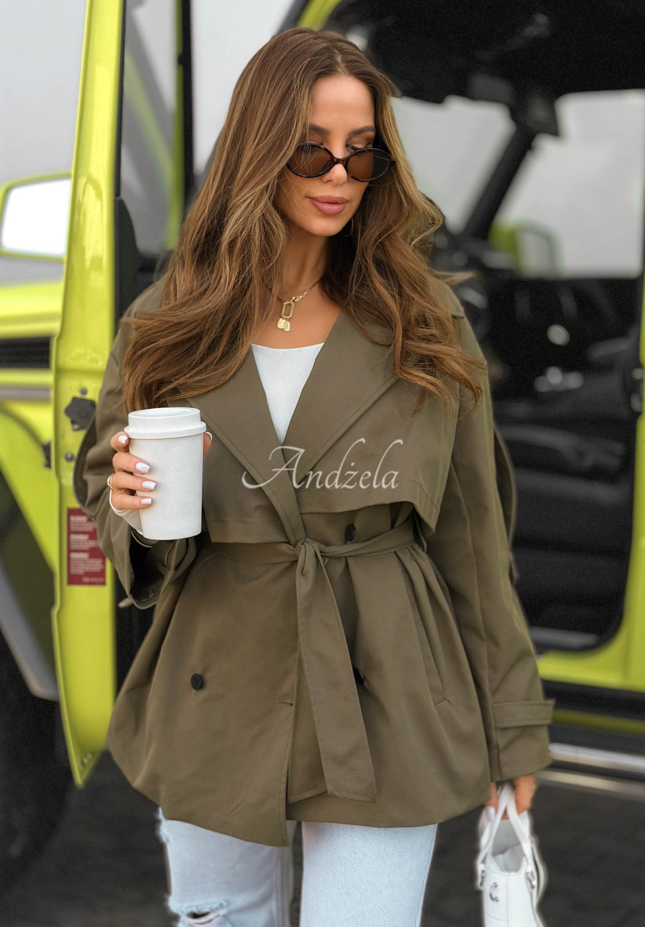 Nerissa Short Trench Coat with Belt in Olive