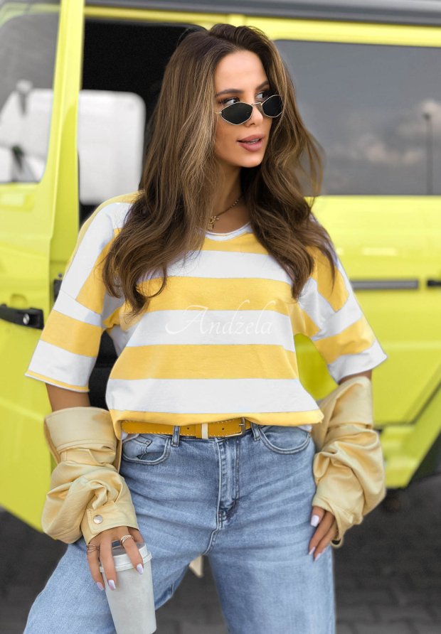 Bawełniany t-shirt z dekoltem w paski Summer Lemonade biało-ż&oacute;łty