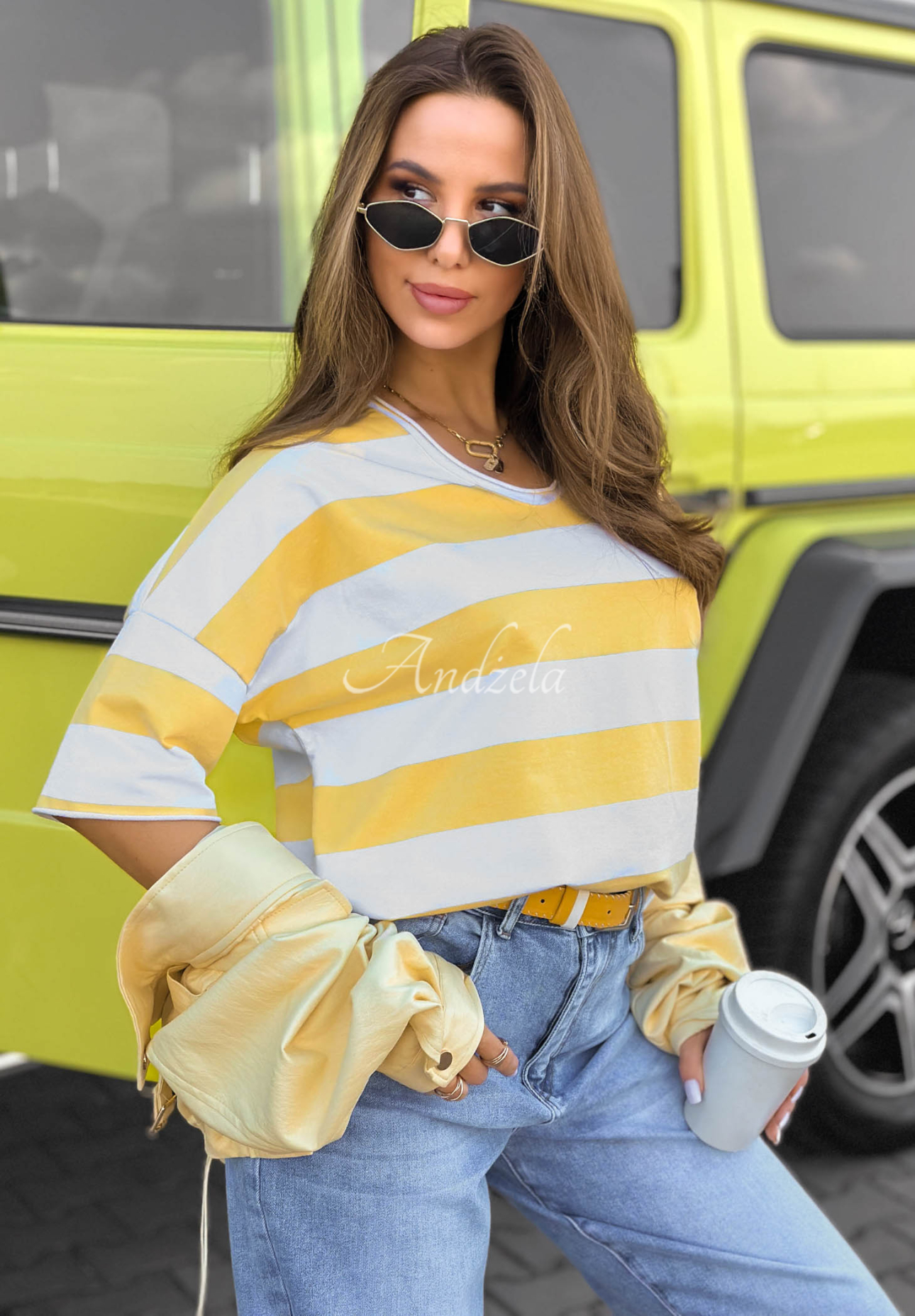 Bawełniany t-shirt z dekoltem w paski Summer Lemonade biało-żółty