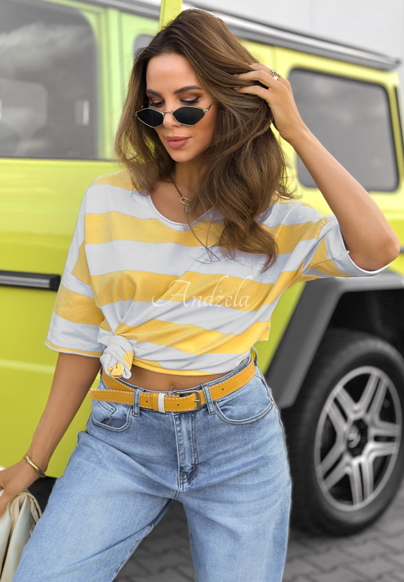 Bawełniany t-shirt z dekoltem w paski Summer Lemonade biało-żółty