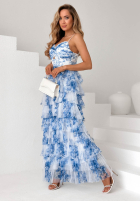 Kwiecista Dress maxi z falbankami Flora Princess biało-blue