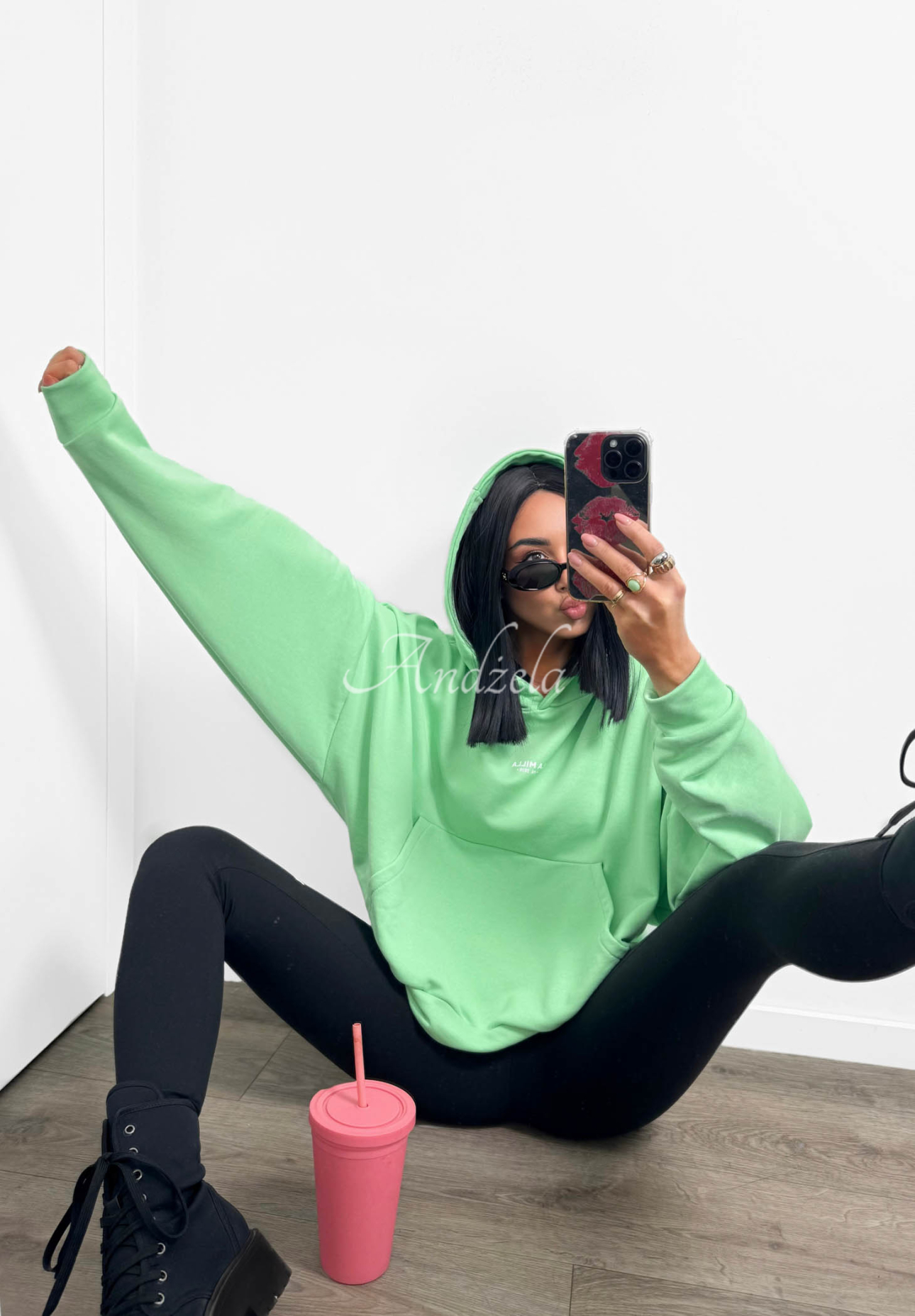 La Milla Francesca Green Cotton Hooded Sweatshirt with Kangaroo Pocket