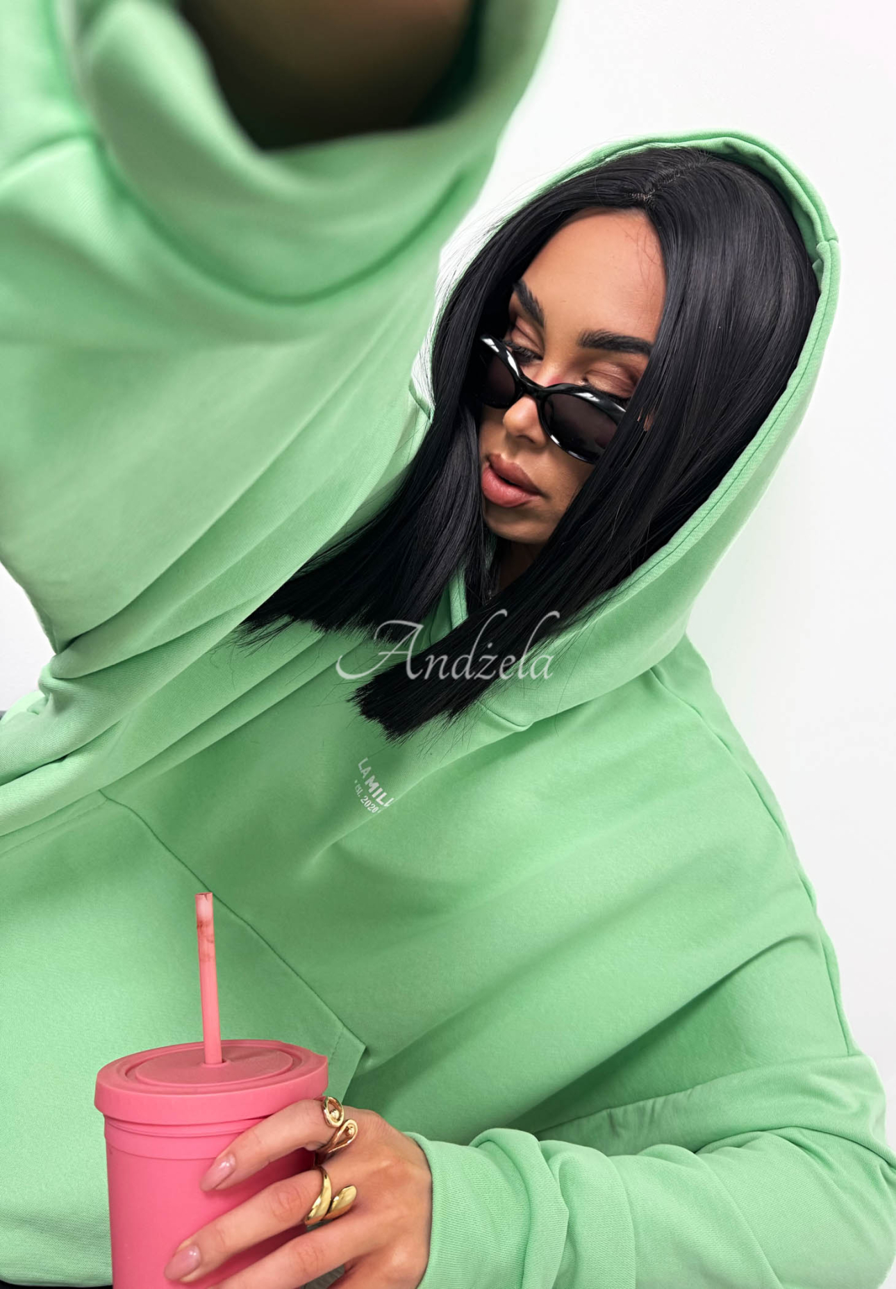 La Milla Francesca Green Cotton Hooded Sweatshirt with Kangaroo Pocket