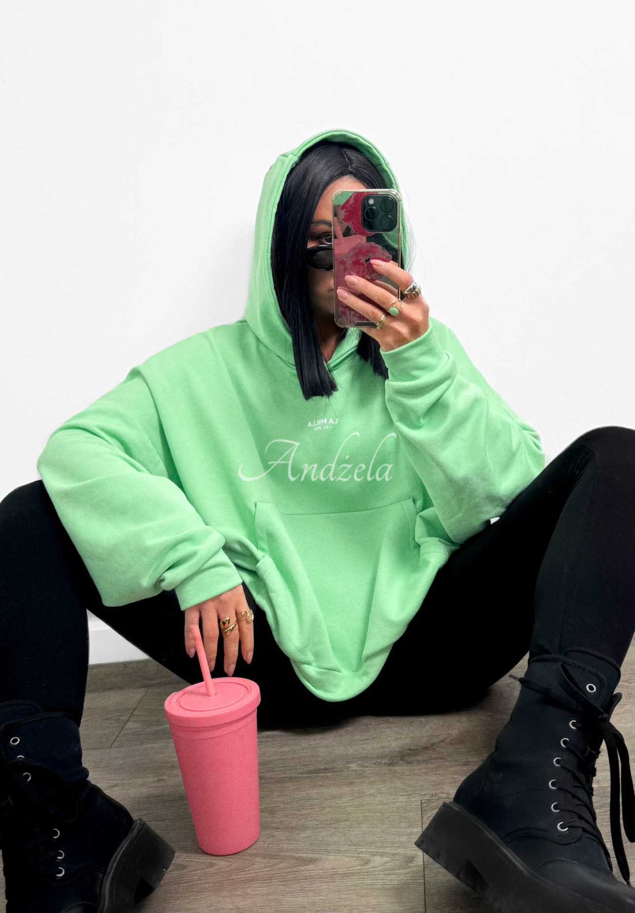 La Milla Francesca Green Cotton Hooded Sweatshirt with Kangaroo Pocket