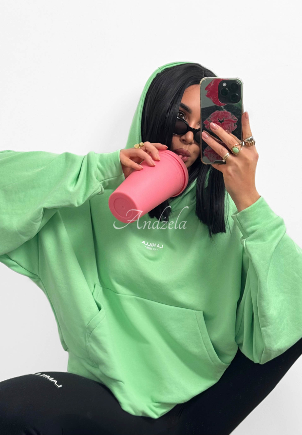 La Milla Francesca Green Cotton Hooded Sweatshirt with Kangaroo Pocket