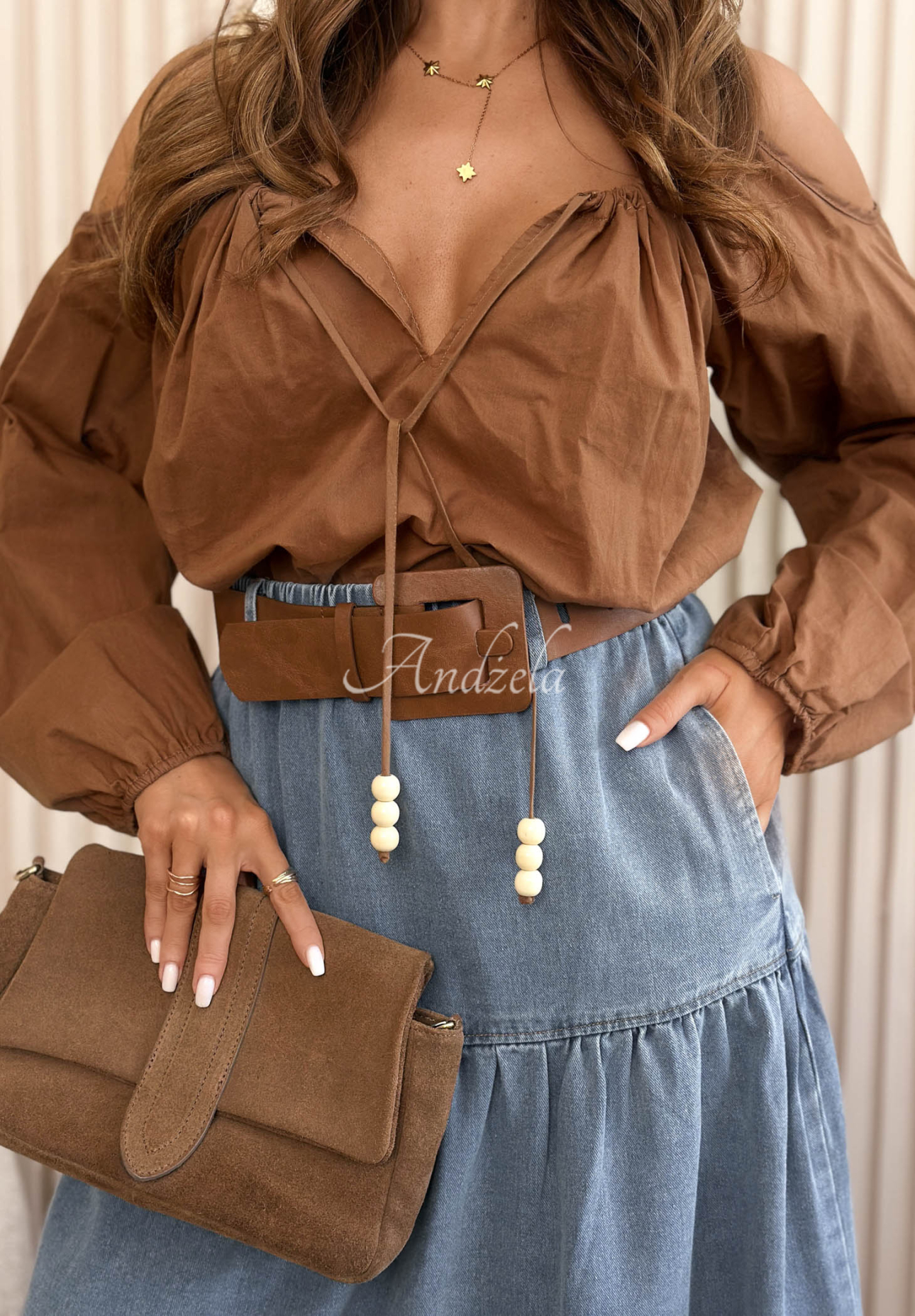 Morella Blue Flared Denim Skirt with Belt
