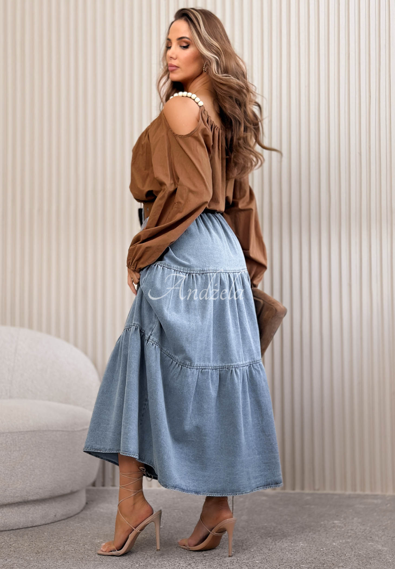 Morella Blue Flared Denim Skirt with Belt