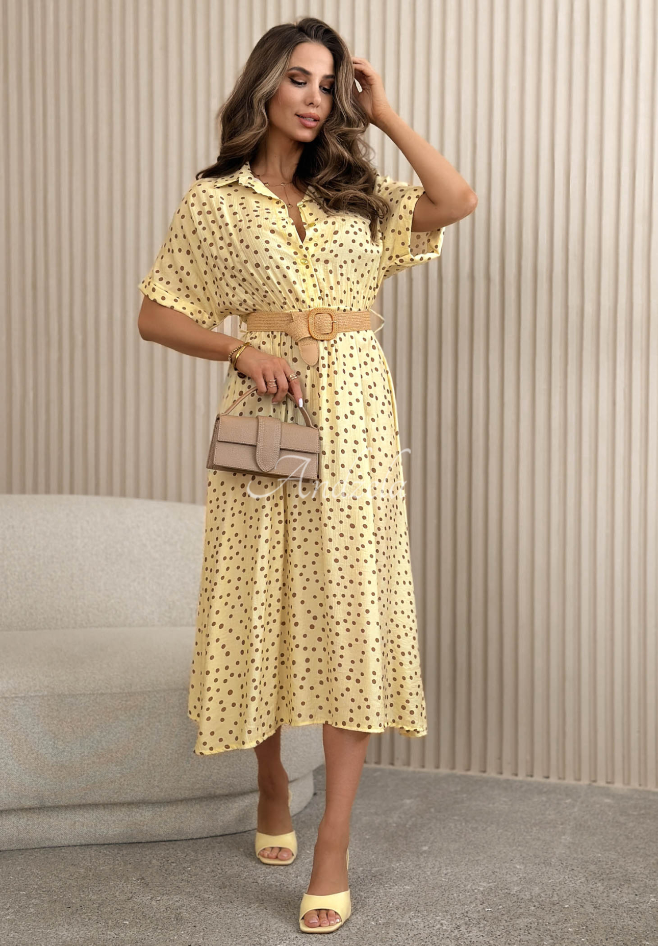 Yellow Panna Cotta polka-dot viscose midi dress