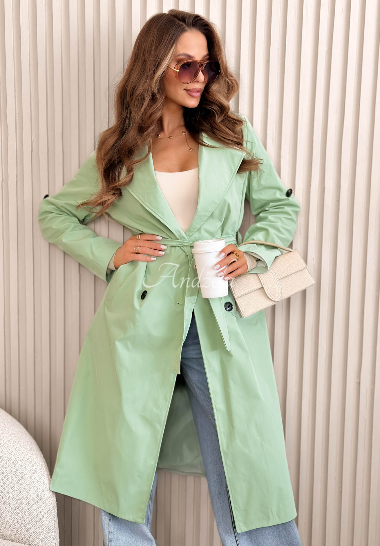 Długi płaszcz trencz Miraldi pistacjowy