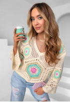Green Breeze Beige and Pistachio Boho Openwork Sweater