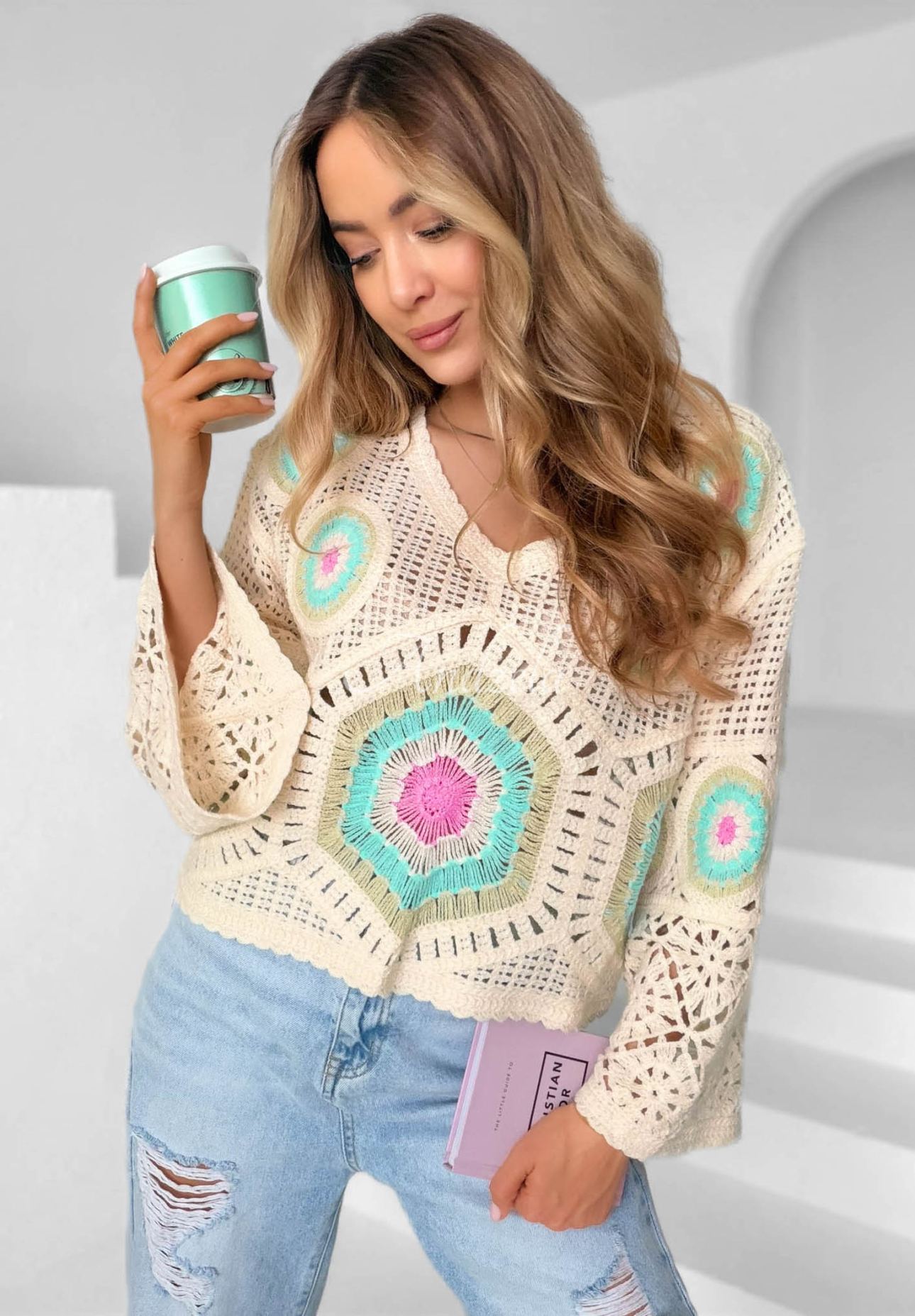 Green Breeze Beige and Pistachio Boho Openwork Sweater