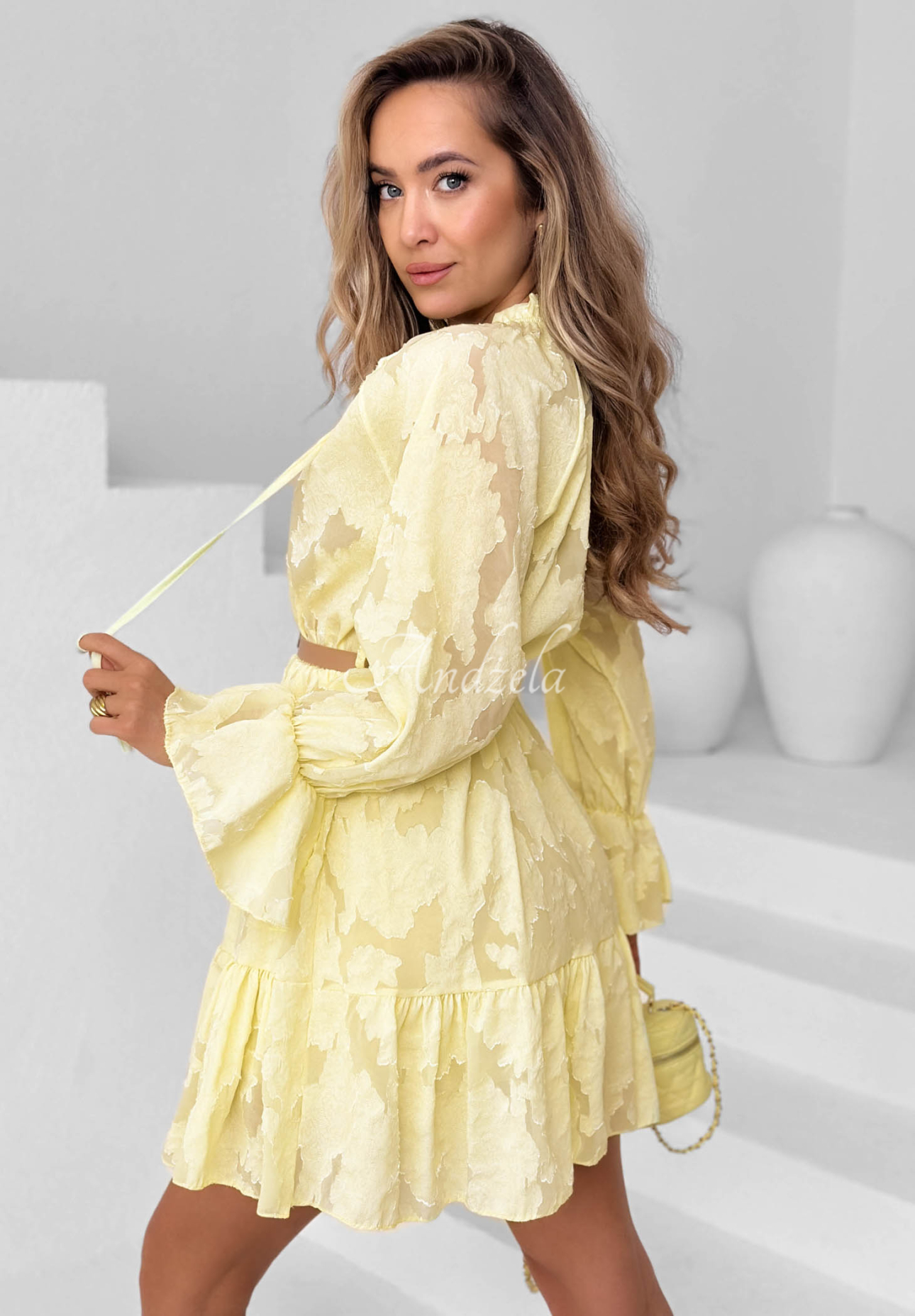 Abigail Yellow Mini Dress with Ruffles and a Belt