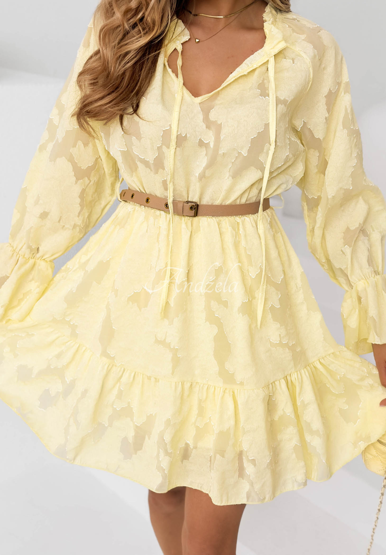 Abigail Yellow Mini Dress with Ruffles and a Belt
