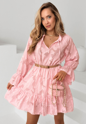 Abigail Mini Dress with Ruffles and a Belt in Powder Pink