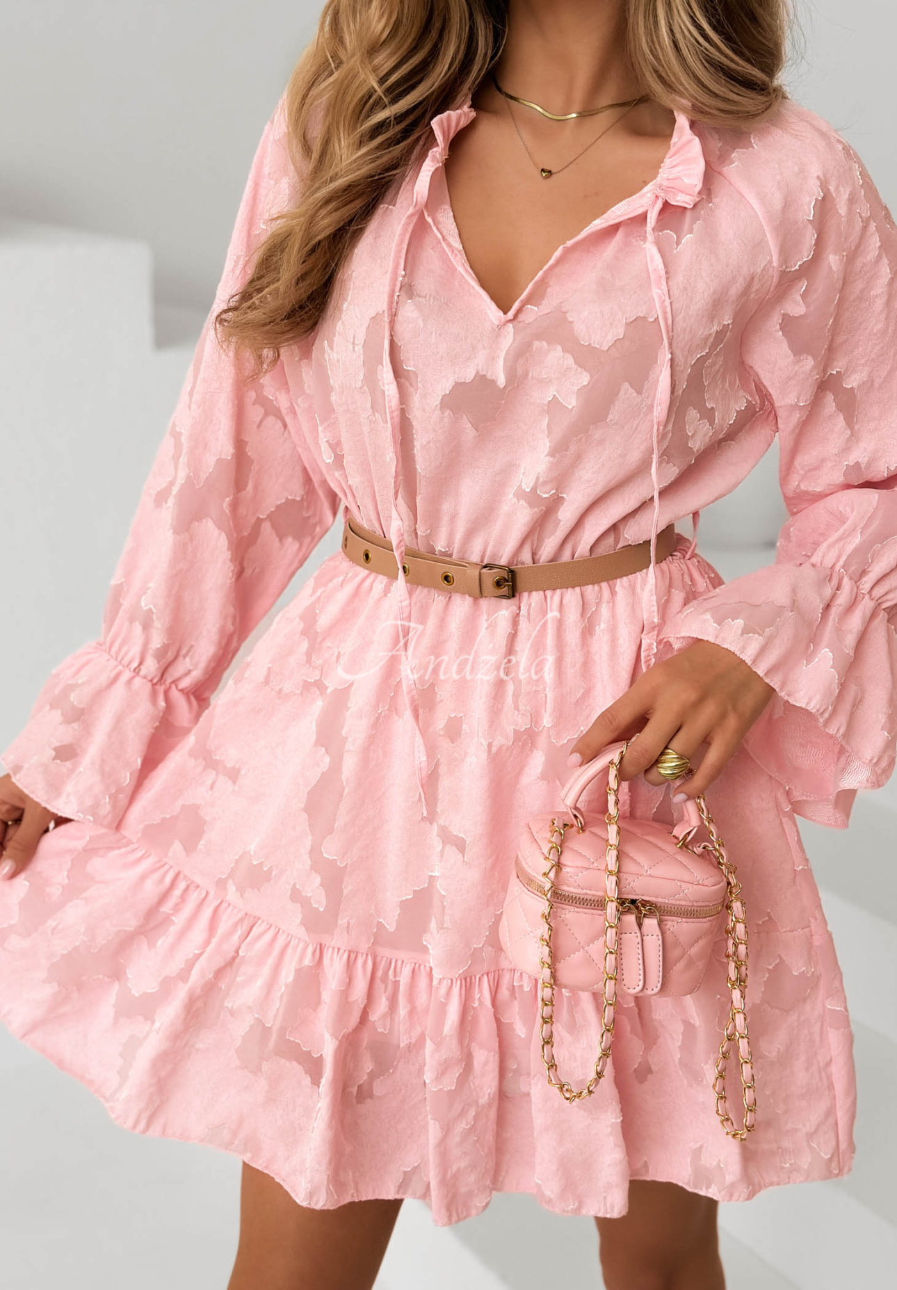 Abigail Mini Dress with Ruffles and a Belt in Powder Pink