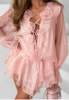 Sukienka mini z falbankami i różami If Only You ecru