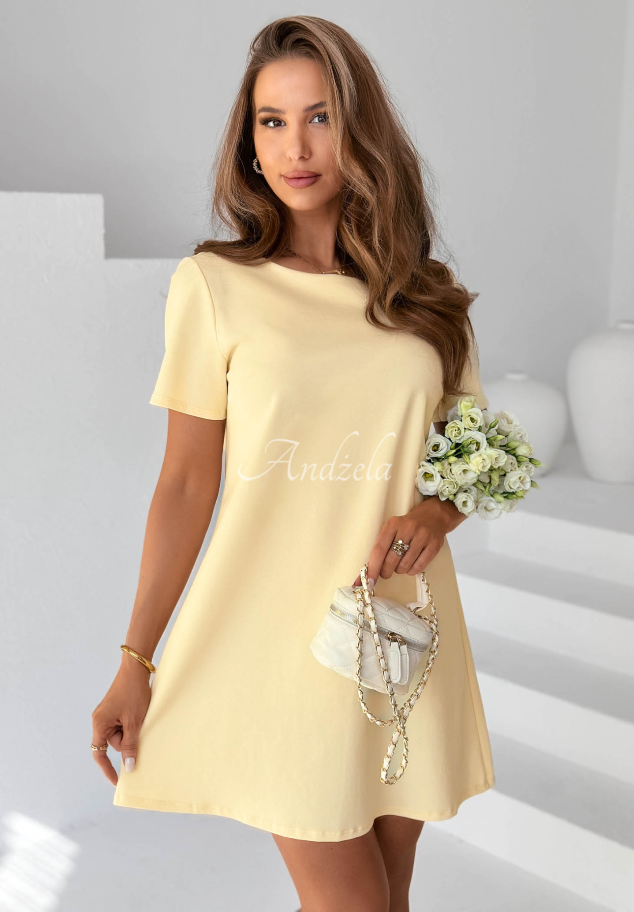 Bawełniana sukienka mini z kokardą Mariette żółta