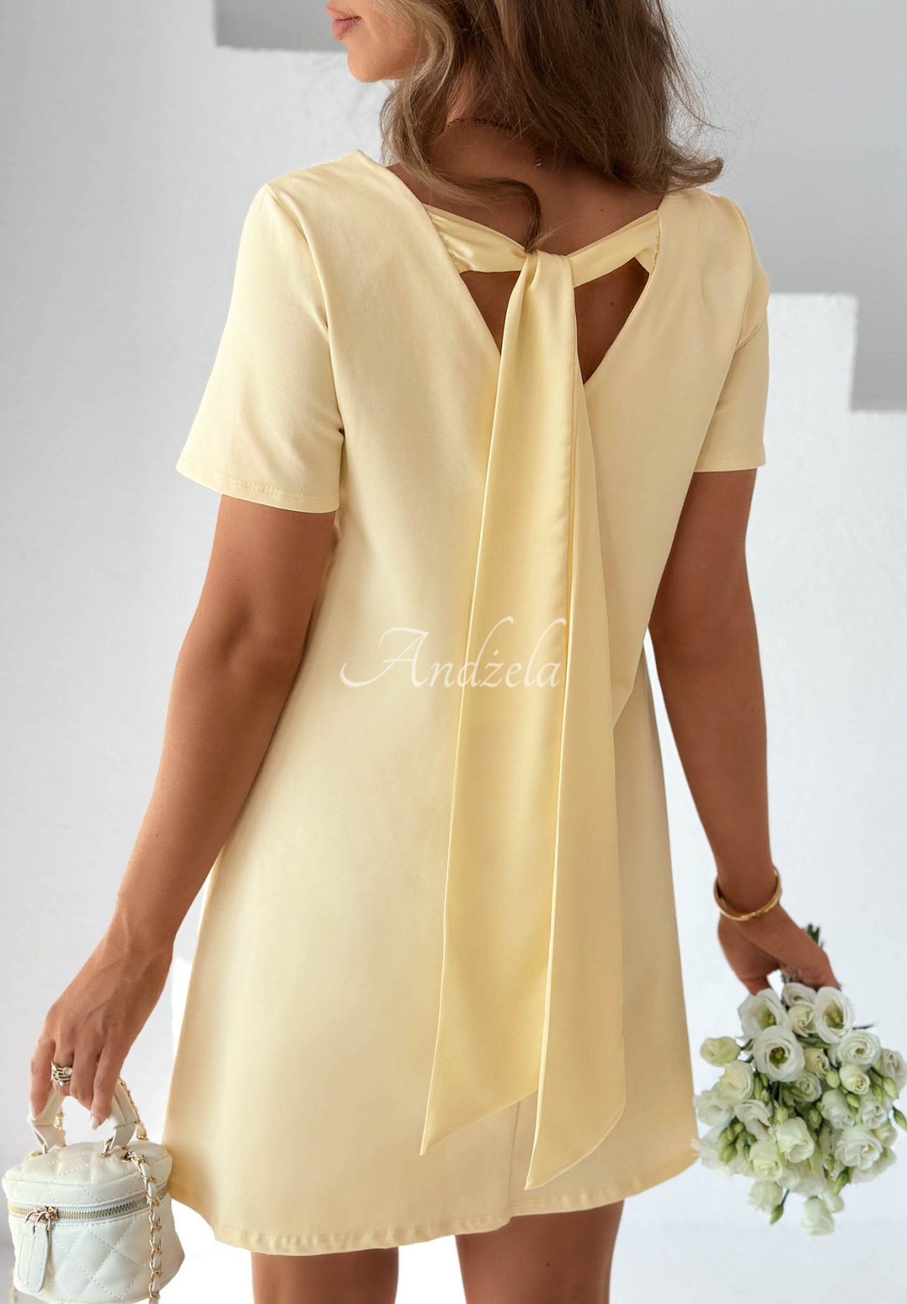 Bawełniana sukienka mini z kokardą Mariette żółta