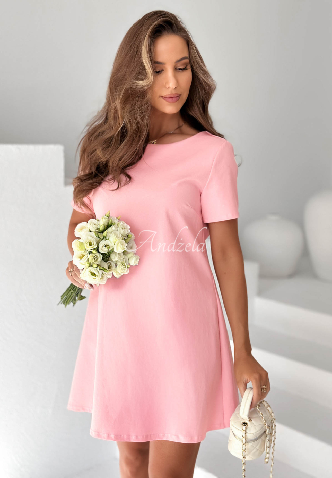 Bawełniana sukienka mini z kokardą Mariette różowa