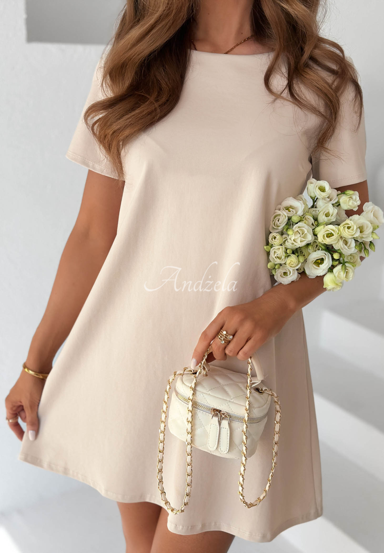 Mariette Beige Cotton Mini Dress with Bow